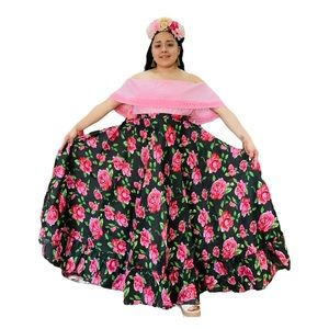 Mexican Folklorico Black Floral Un Vuelo Skirt